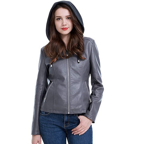 Women's Fasbric Leather Jackets  Biker with Remove Hoodie TheJacketFactory