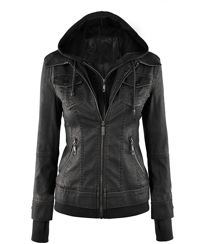 Women's Black Leather Jacket With Removable Hood