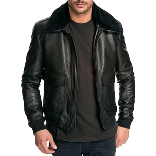 Mens Air Force Leather Bomber Jacket Fur Collar Black