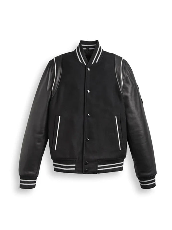 Black-Varsity-Bomber-Leather-Jacket-With-Stripes