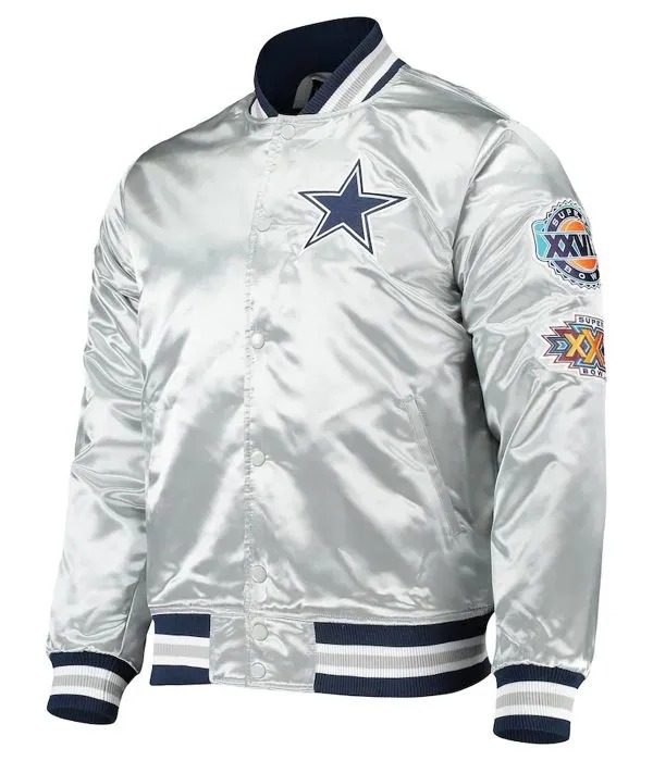 Dallas Cowboys Silver Satin Varsity Jacket TheJacketFactory