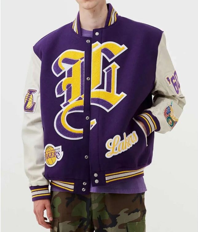 LA Lakers Letterman Purple Wool and White Leather Jacket TheJacketFactory