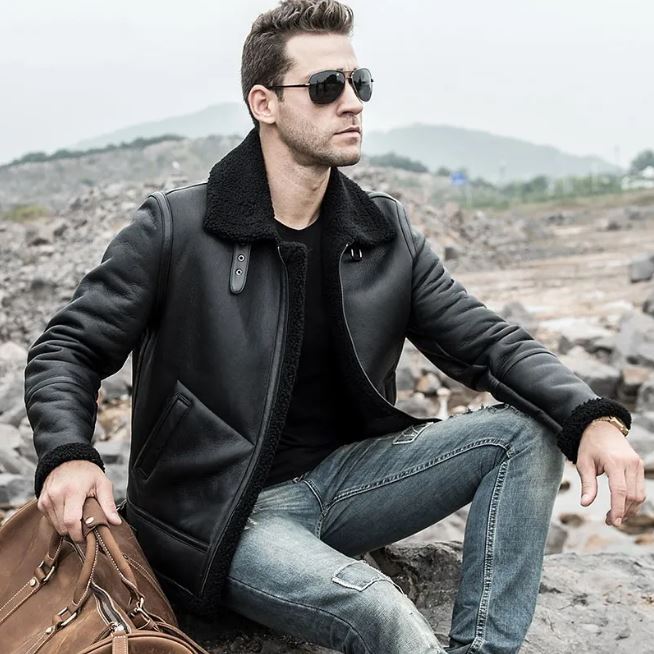 Men's Black Leather Shearling Jacket TheJacketFactory
