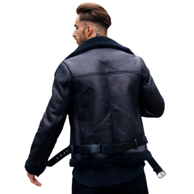 Men's Black Sheepskin Shearling Biker Leather Jacket