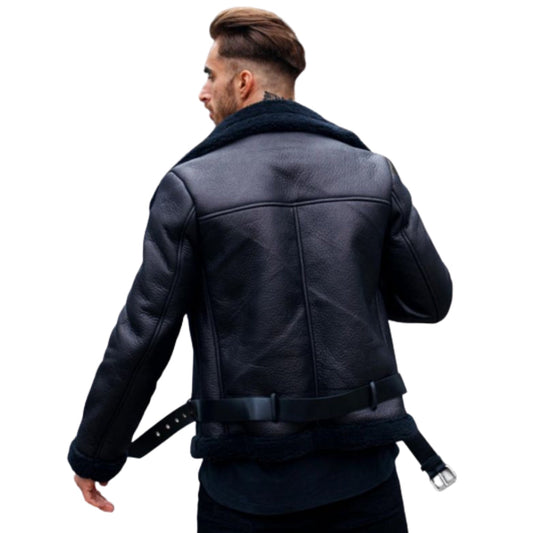 Men's Black Sheepskin Shearling Biker Leather Jacket