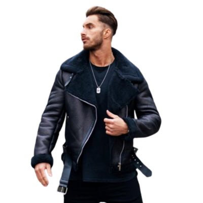 Men's Black Sheepskin Shearling Biker Leather Jacket