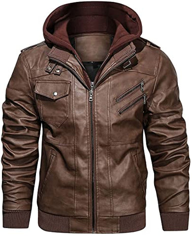 Men’s Faux Leather Hooded Motorcycle Jacket