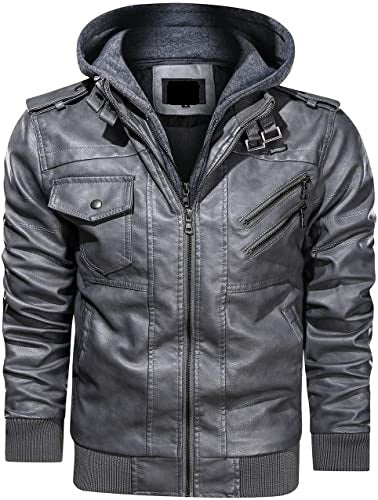 Men’s Faux Leather Hooded Motorcycle Jacket TheJacketFactory