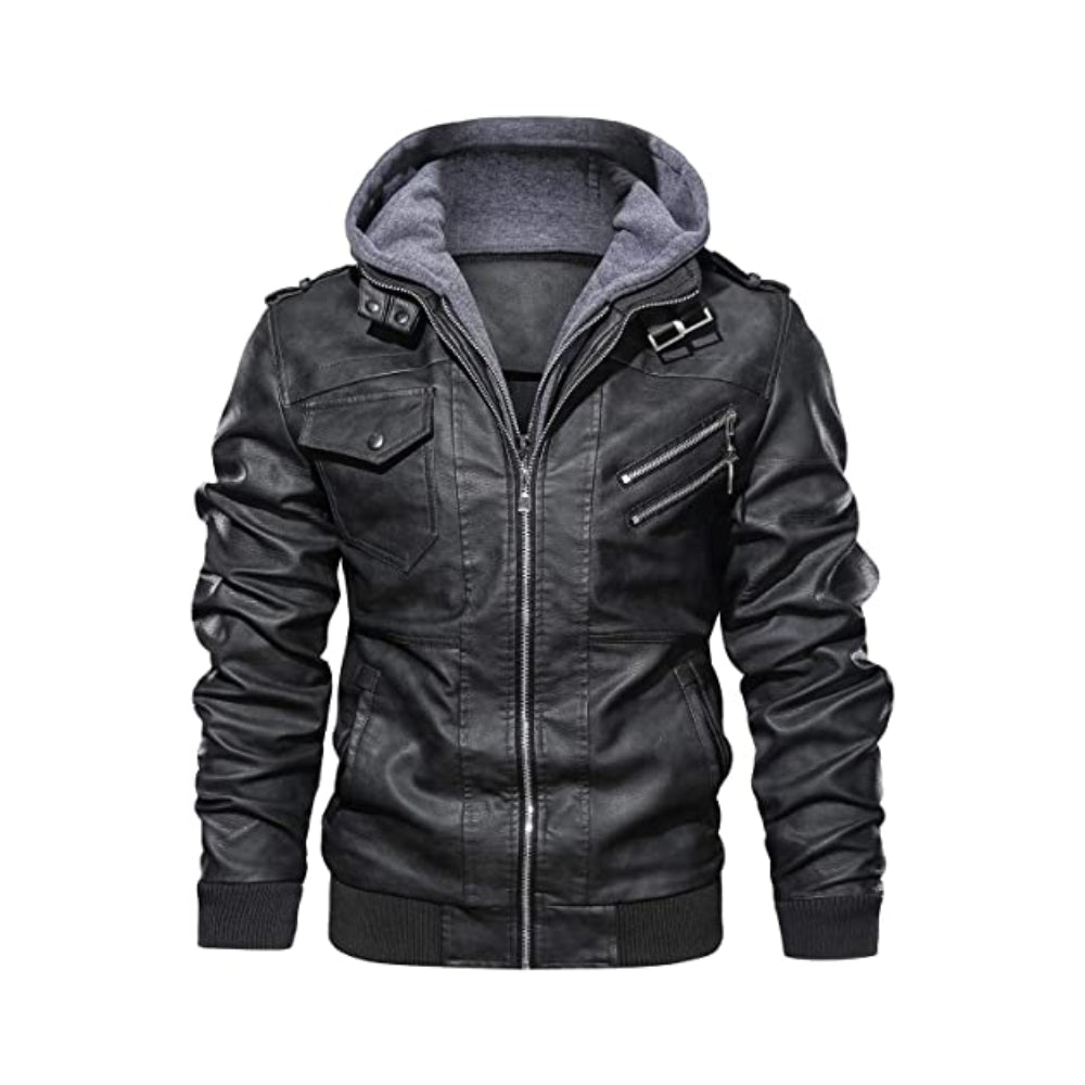 Men’s Faux Leather Hooded Motorcycle Jacket TheJacketFactory