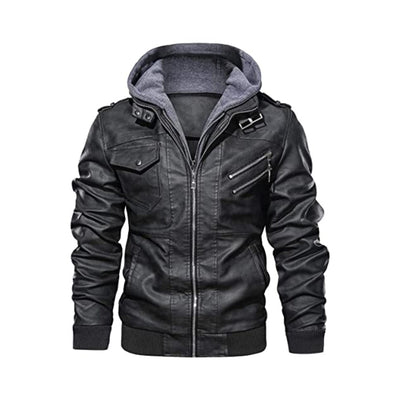 Men’s Faux Leather Hooded Motorcycle Jacket