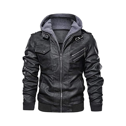 Men’s Faux Leather Hooded Motorcycle Jacket