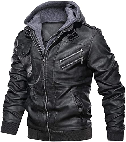 Men’s Faux Leather Hooded Motorcycle Jacket TheJacketFactory