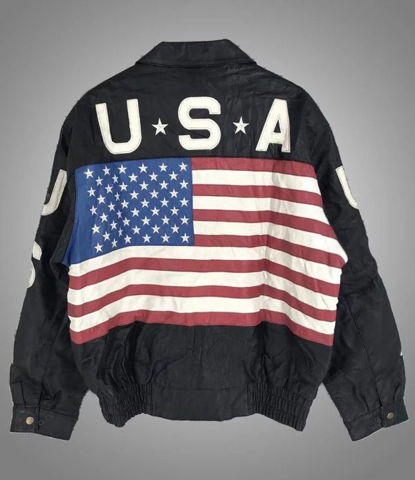 Men’s Vintage 80’s USA Flag Black Leather Jacket