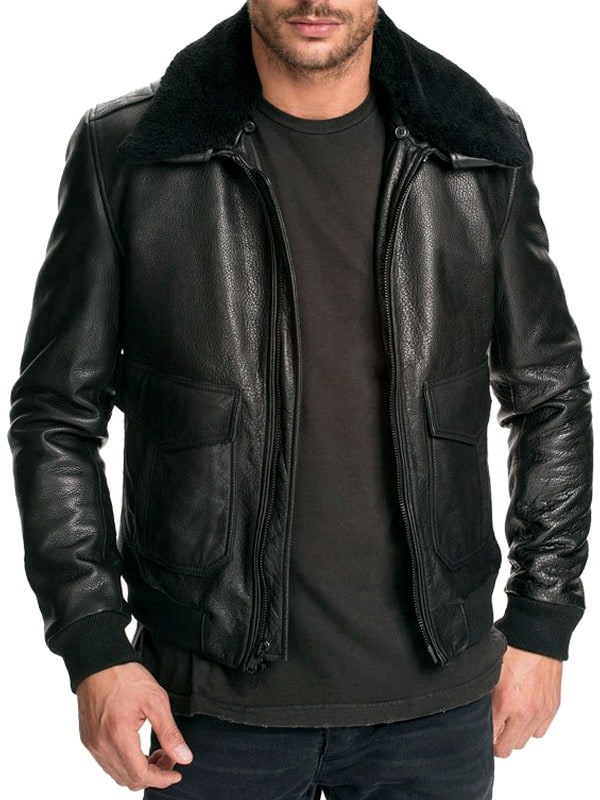 Mens Air Force Leather Bomber Jacket Fur Collar Black