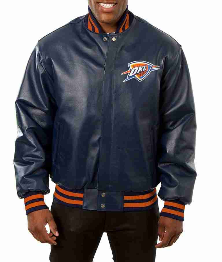 Oklahoma City Thunder Varsity Navy Blue Leather Jacket TheJacketFactory