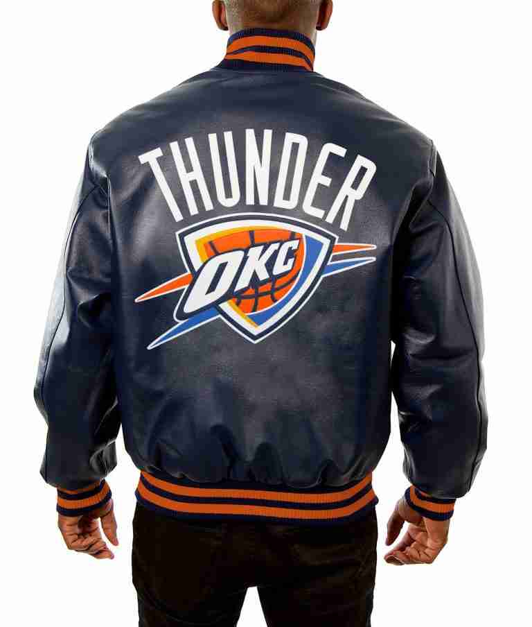 Oklahoma City Thunder Varsity Navy Blue Leather Jacket TheJacketFactory