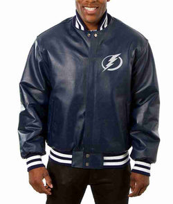 Tampa Bay Lightning Varsity Navy Blue Leather Jacket TheJacketFactory
