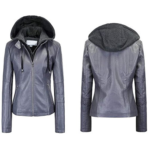 Women's Fasbric Leather Jackets  Biker with Remove Hoodie TheJacketFactory