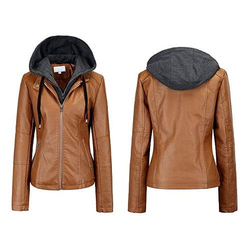 Women's Fasbric Leather Jackets  Biker with Remove Hoodie TheJacketFactory