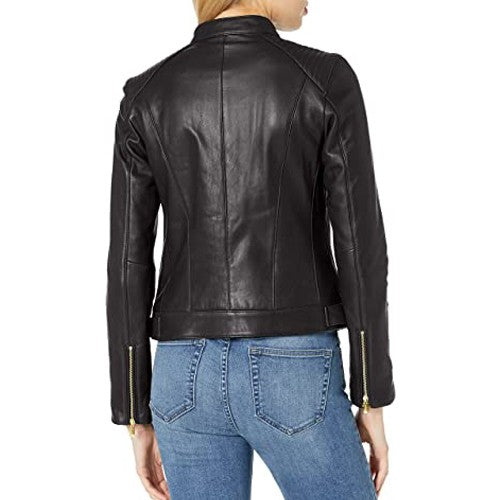 Women's Leather Racer  with Quilted Panels Jacket TheJacketFactory
