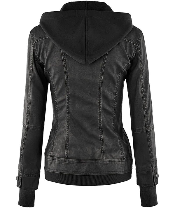 Women's Black Leather Jacket With Removable Hood