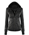 Women's Black Leather Jacket With Removable Hood