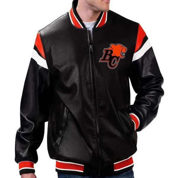 CFL Team BC Lions Full-Zip Varsity Black Leather Jacket