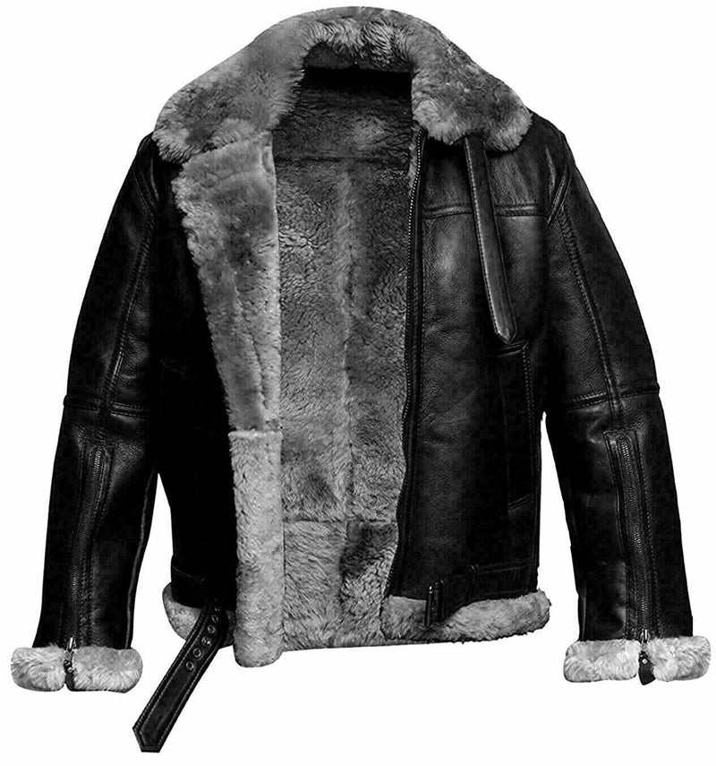 Men's Black RAF B3 Bomber Aviator Real Shearling Genuine Leather Jacket