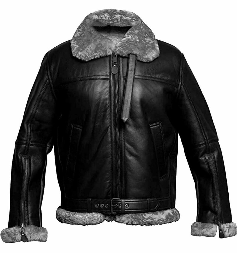 Men's Black RAF B3 Bomber Aviator Real Shearling Genuine Leather Jacket