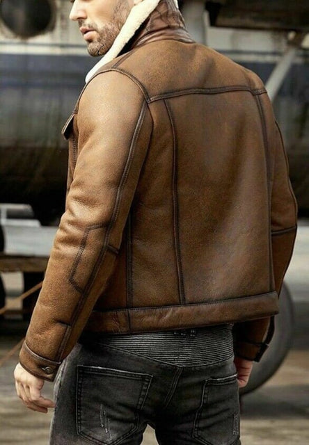 Men's Brown Real Shearling B3 Bomber WWII Winter Sheepskin Fur Genuine Leather Jacket
