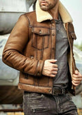 Men's Brown Real Shearling B3 Bomber WWII Winter Sheepskin Fur Genuine Leather Jacket