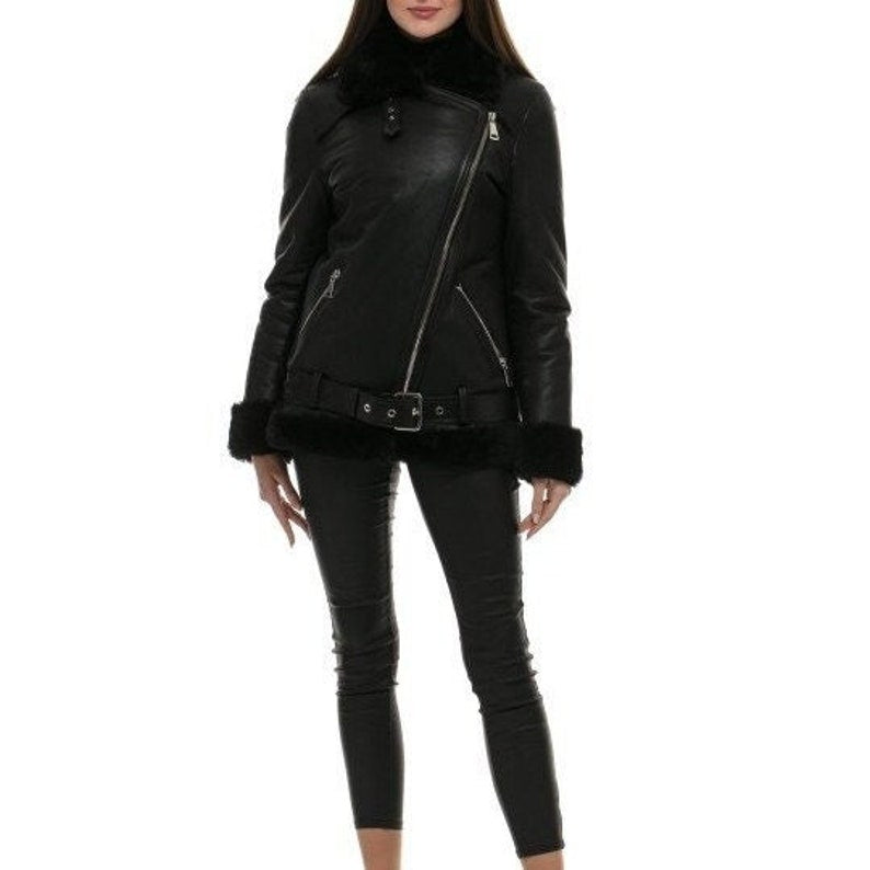 Women's Black B3 Bomber Shearling Sheepskin Flying Pilot RAF Aviator Bomber Winter Fur Leather Jacket