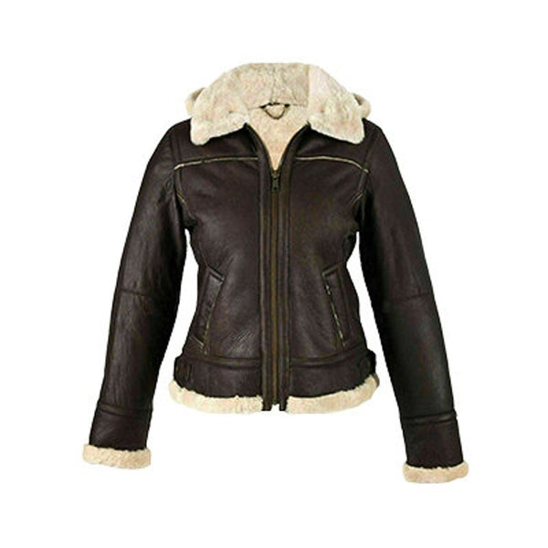 Women's Bomber Aviator Shearling Detachable Hood Leather Jacket