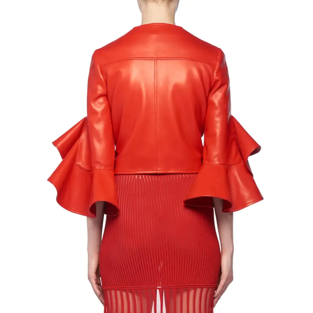 Austin Ruffle Jacket Ruffle Elbow-Sleeve Fitted Cropped Biker Leather Jacket – The Jacket ...